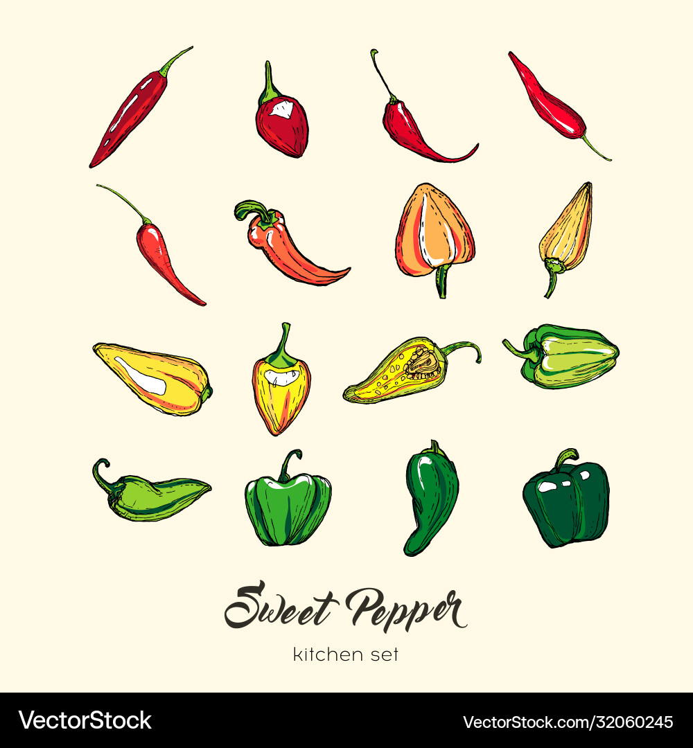 Pepper isolate set hand drawn Royalty Free Vector Image