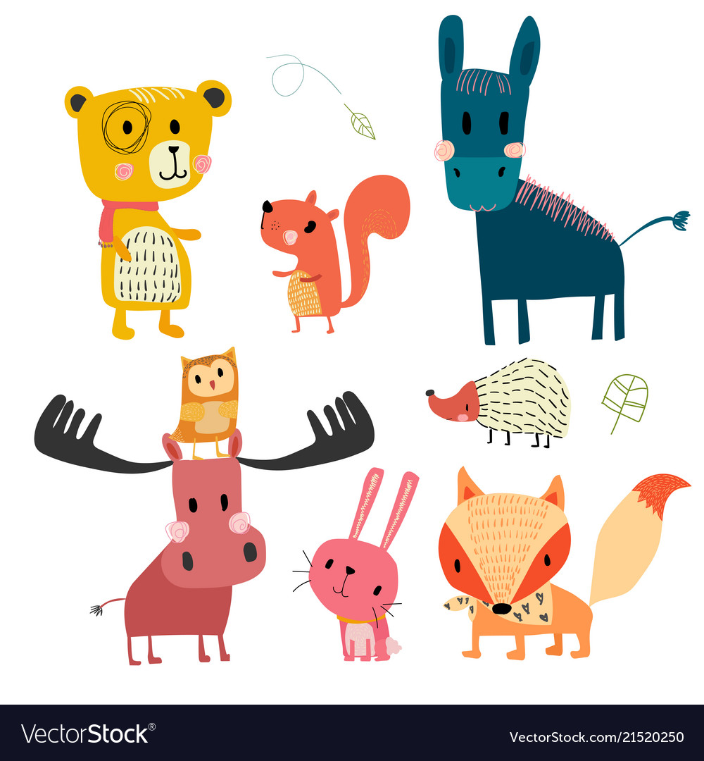 Hand drawn wild animal cute character collection Vector Image