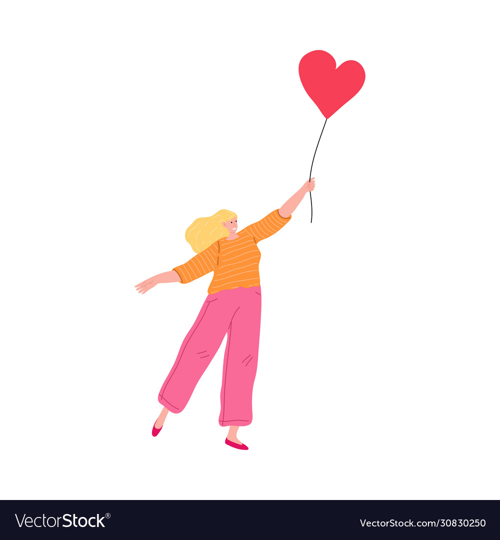 Young girl holding red hearts shaped balloon Vector Image