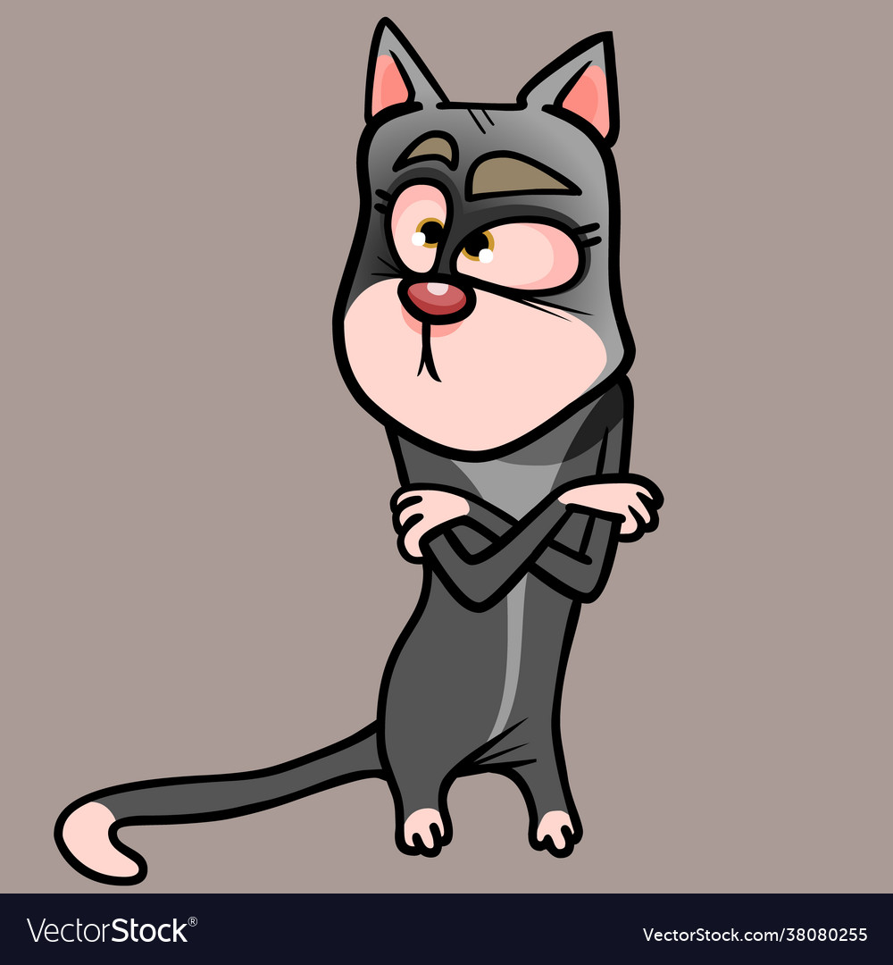 Cartoon gray kitty stands with her arms crossed Vector Image