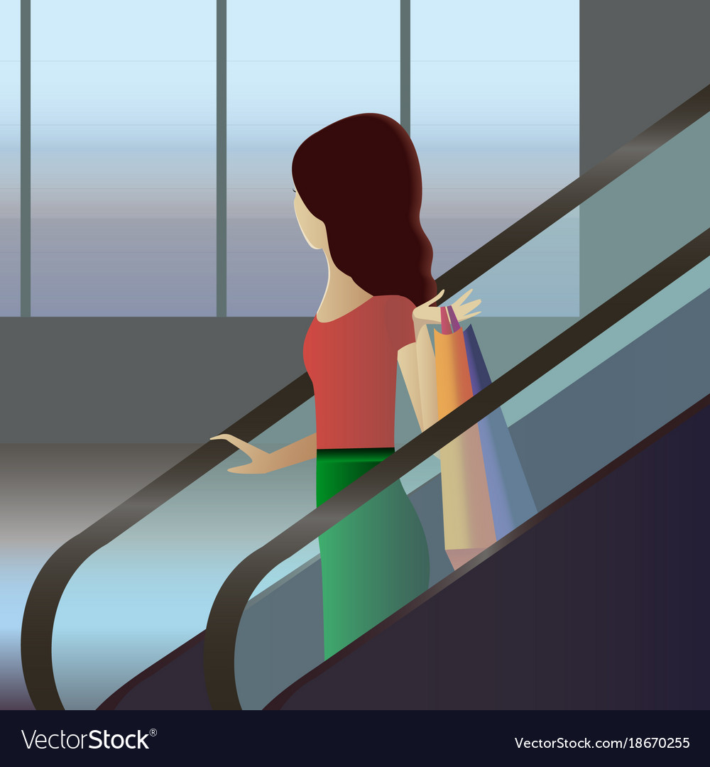 Girl with bags going down by escalator in shopping