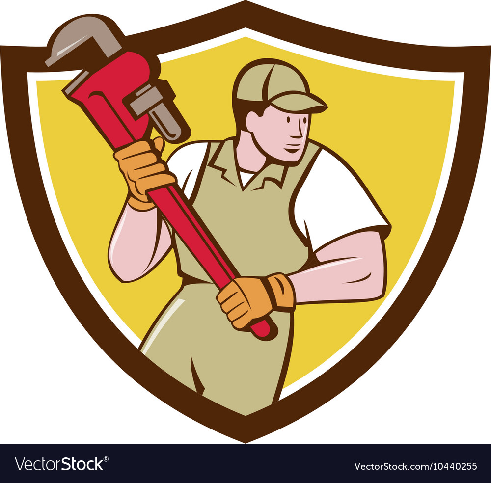 Plumber holding pipe wrench crest cartoon