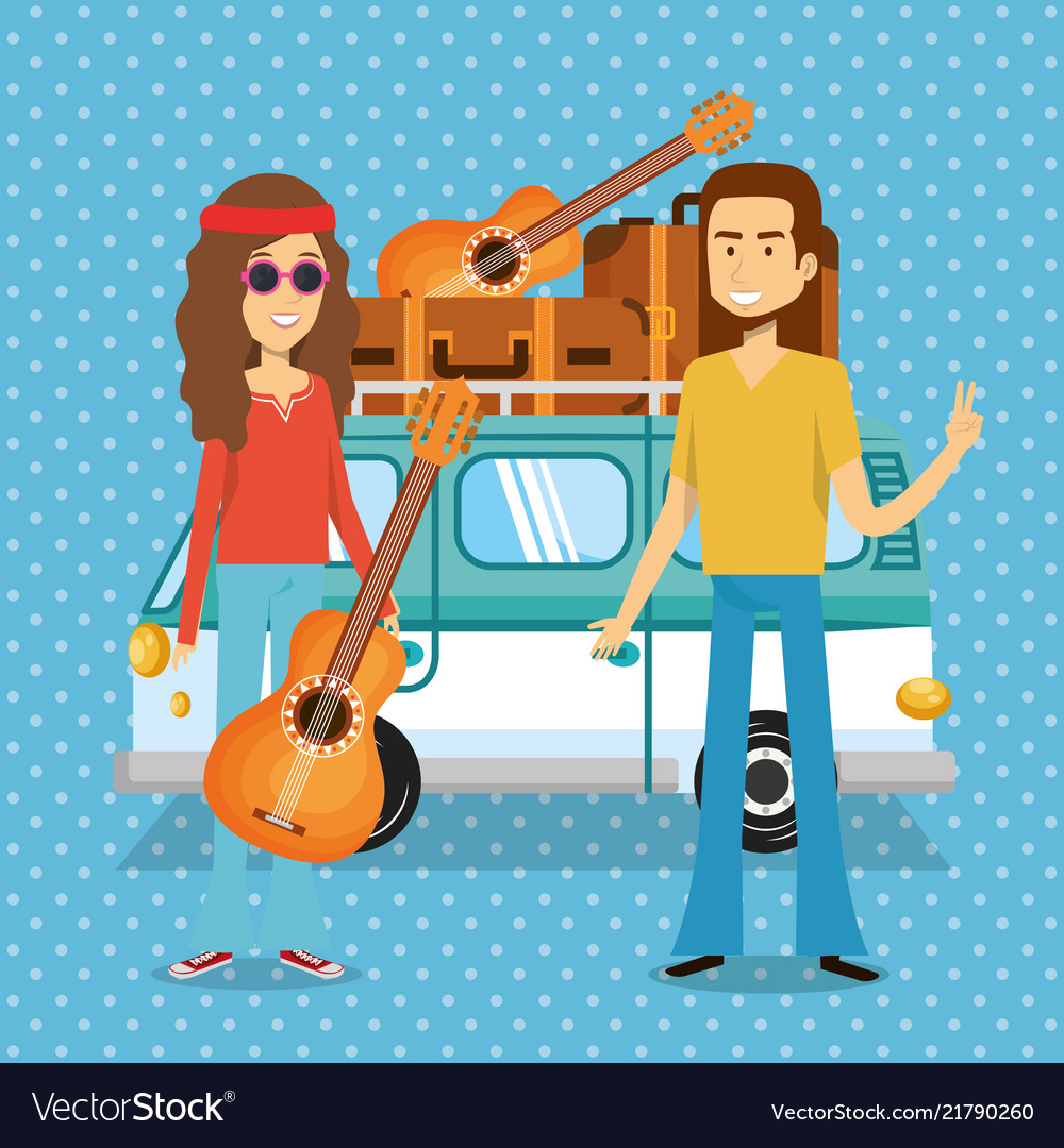 Couple hippies playing guitar lifestyle characters