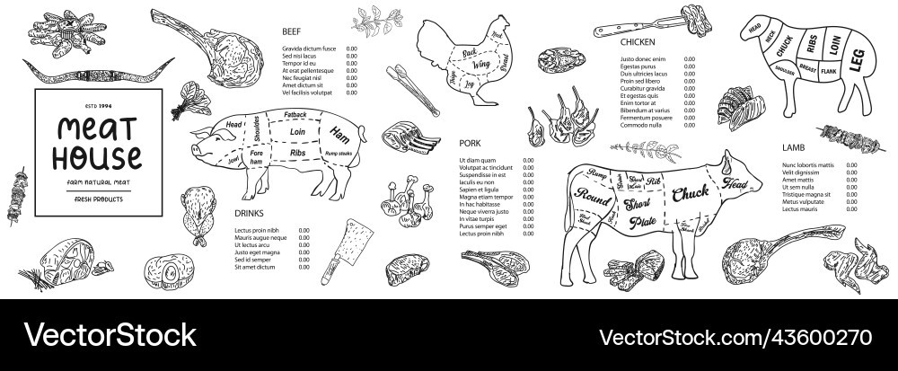 Meat house restaurant menu price template Vector Image
