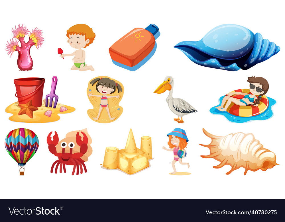 Set of summer beach objects and cartoon characters