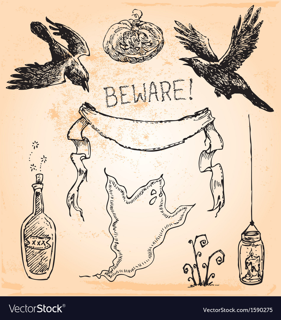 Vintage halloween hand drawn set six Royalty Free Vector