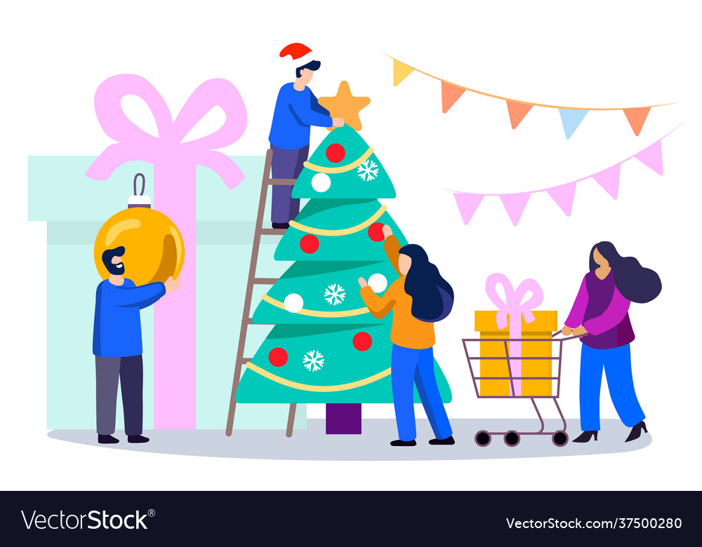 Happy family decorates a christmas tree Royalty Free Vector