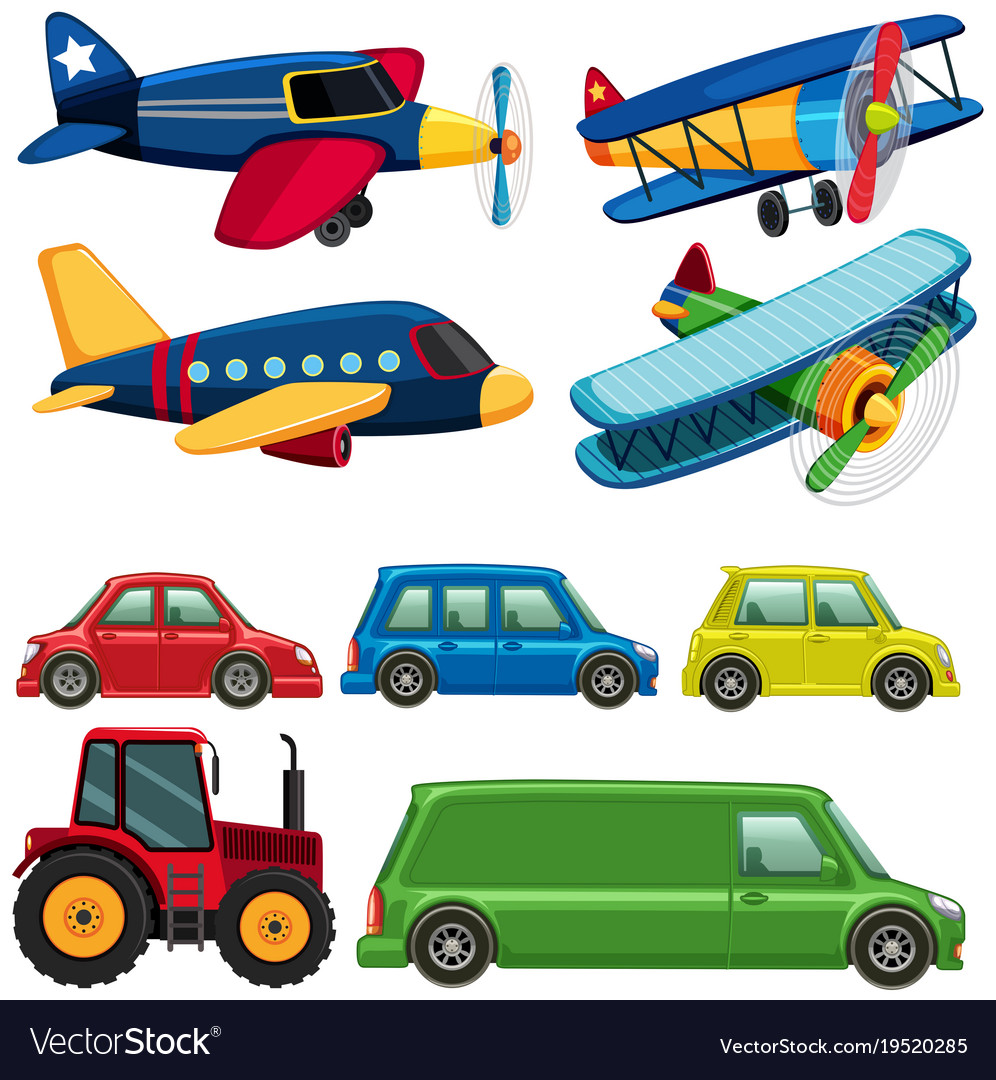 Different types of vehicles on white background