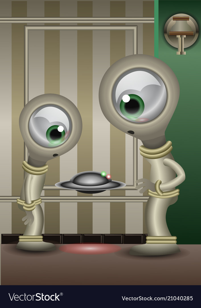 Two aliens checking a little fliying disk like vector image Two aliens checking a little fliying disk like