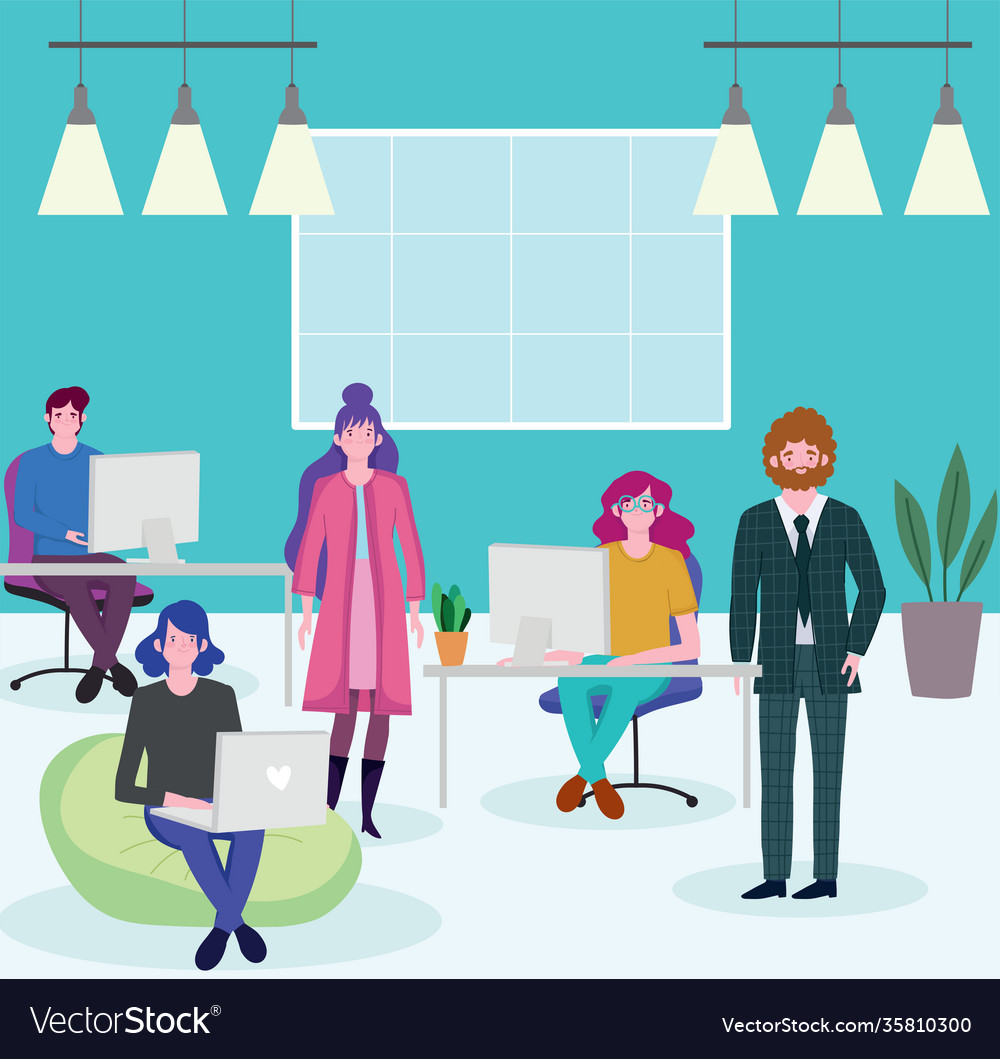 Group office workers sitting at desks Royalty Free Vector