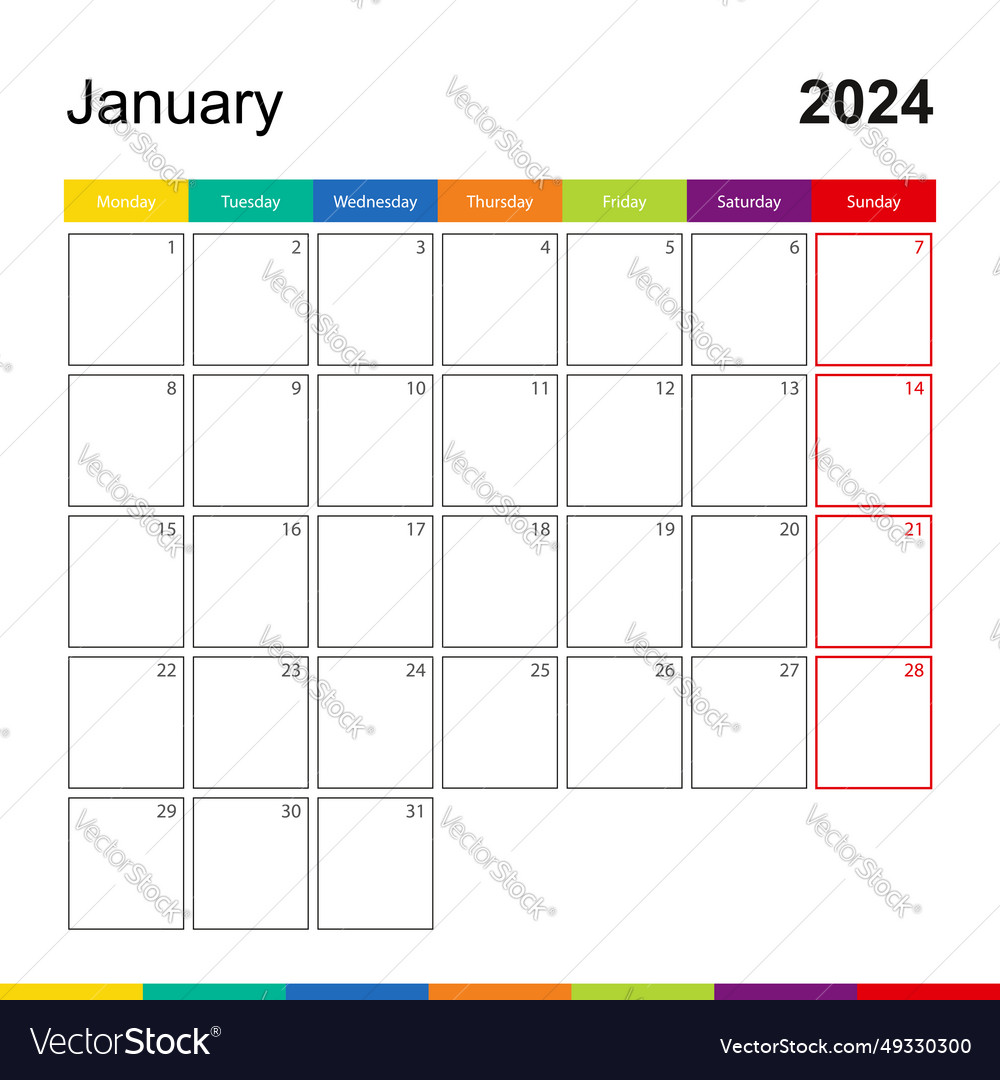 January 2024 colorful wall calendar week starts Vector Image