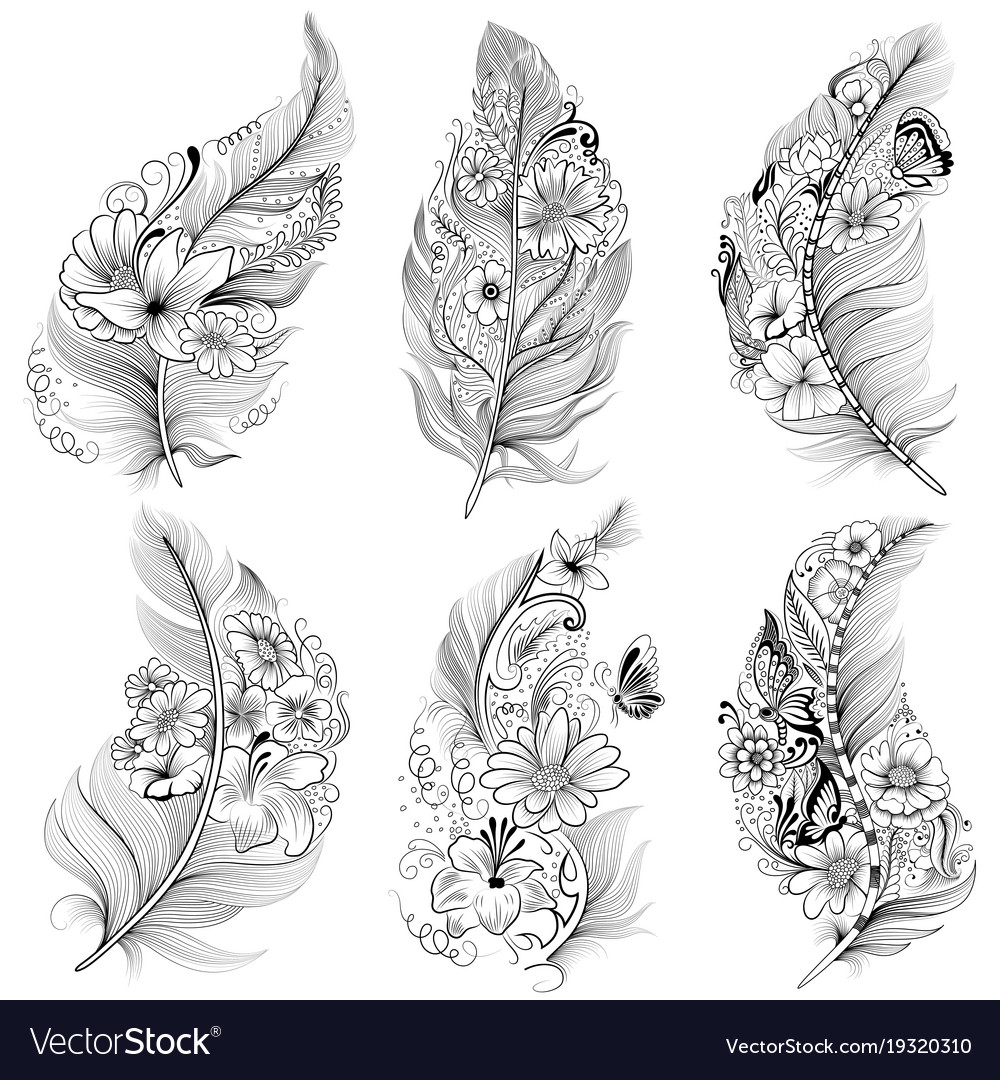 Tattoo art design of floral feather collection Vector Image