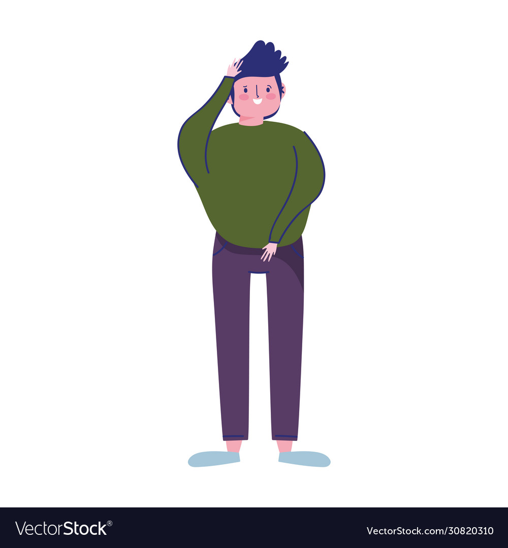 Young man cartroon character standing isolated