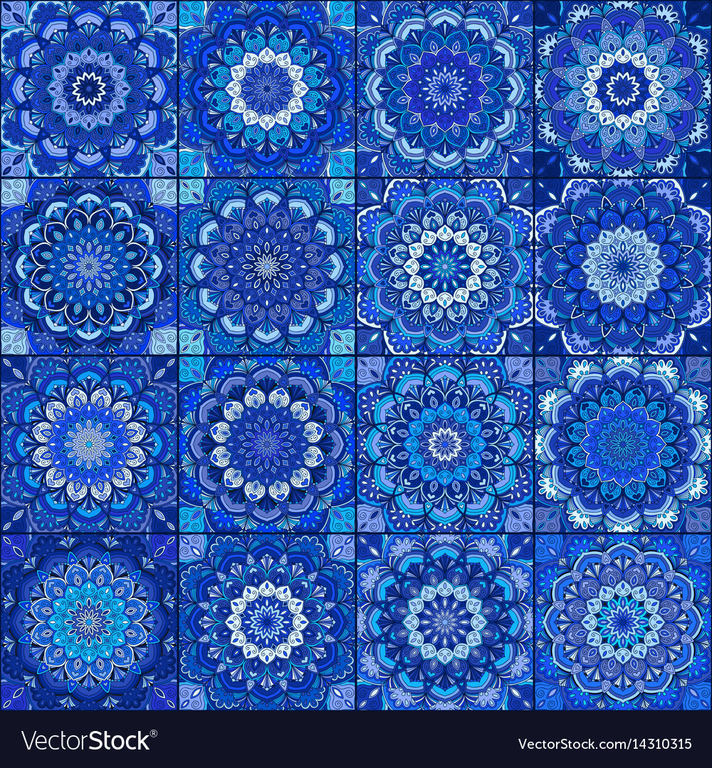 Blue tile boho flower set Royalty Free Vector Image