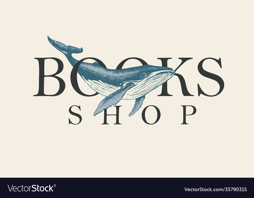 Logo or icon for books shop with a whale and a map vector image Logo or icon for books shop with a whale and a map
