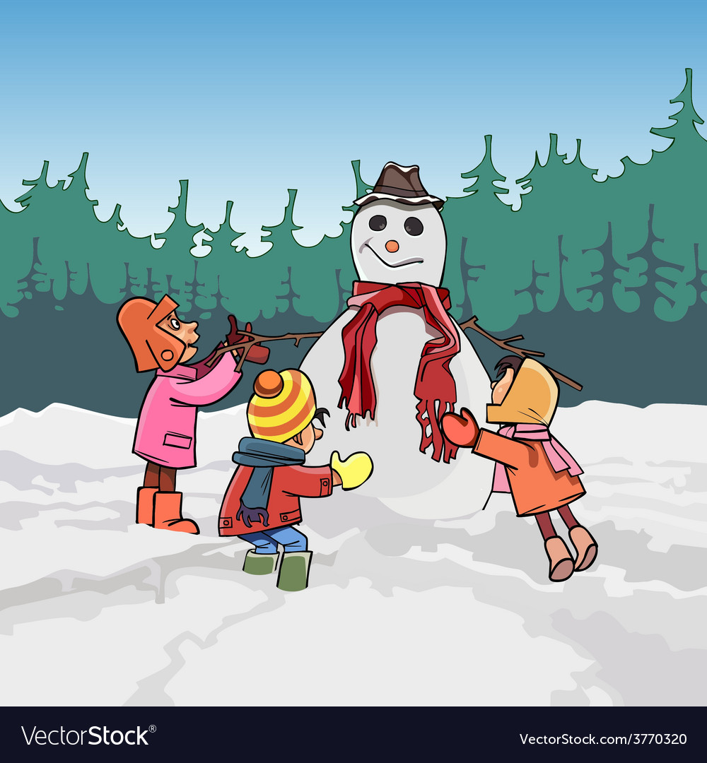 Cartoon children mold the snowman in winter Vector Image