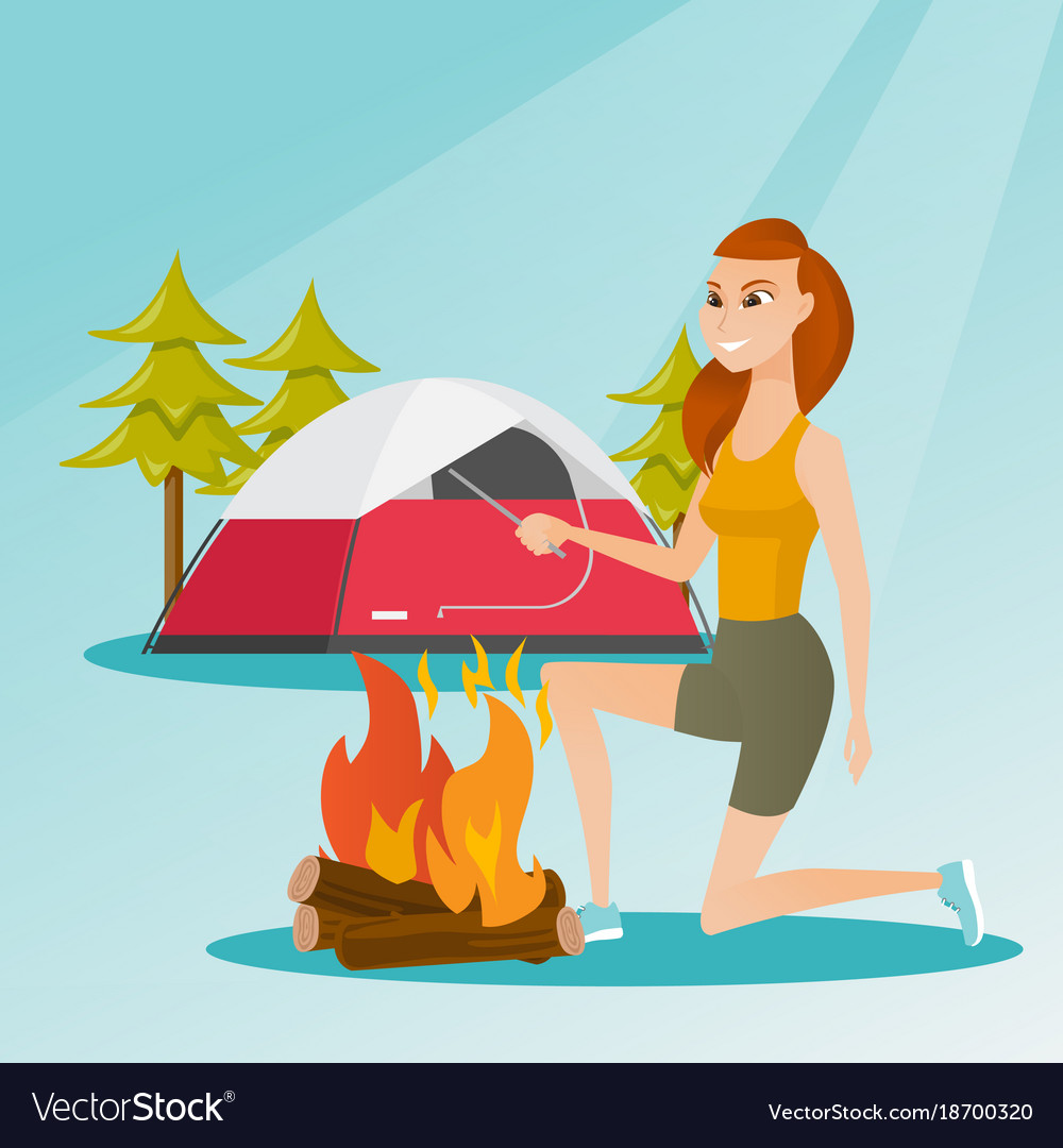 Young caucasian white woman making the campfire Vector Image