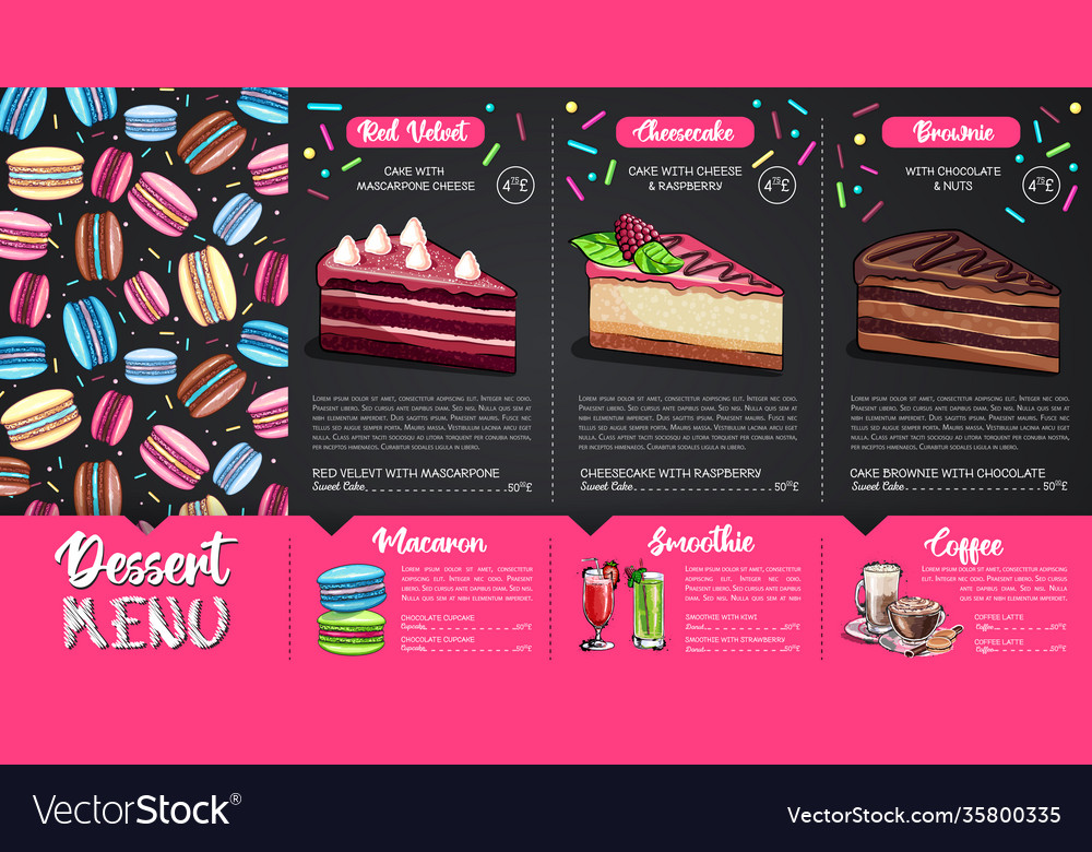 Dessert menu design with sweet macaroons and cakes