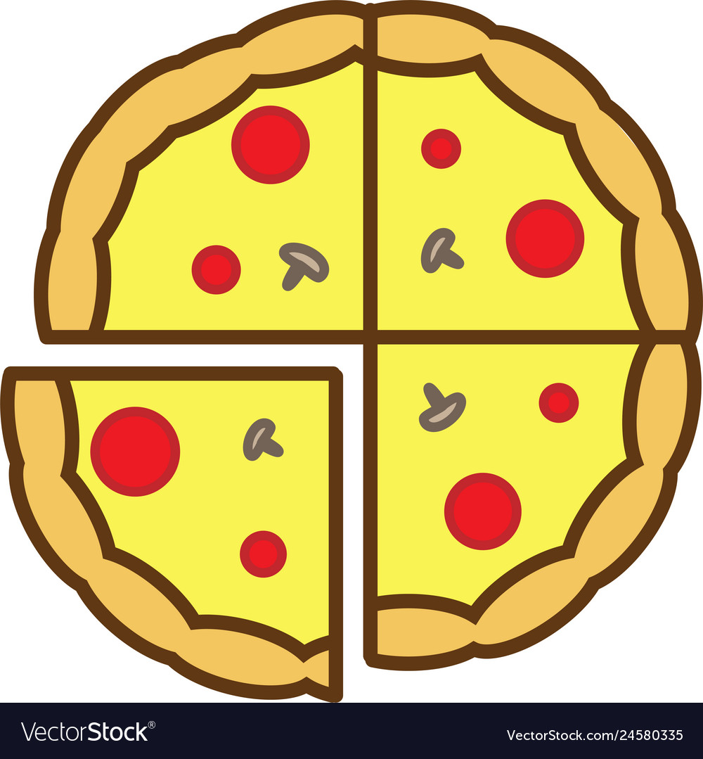 Whole pizza colored icon is sliced into 4 Vector Image