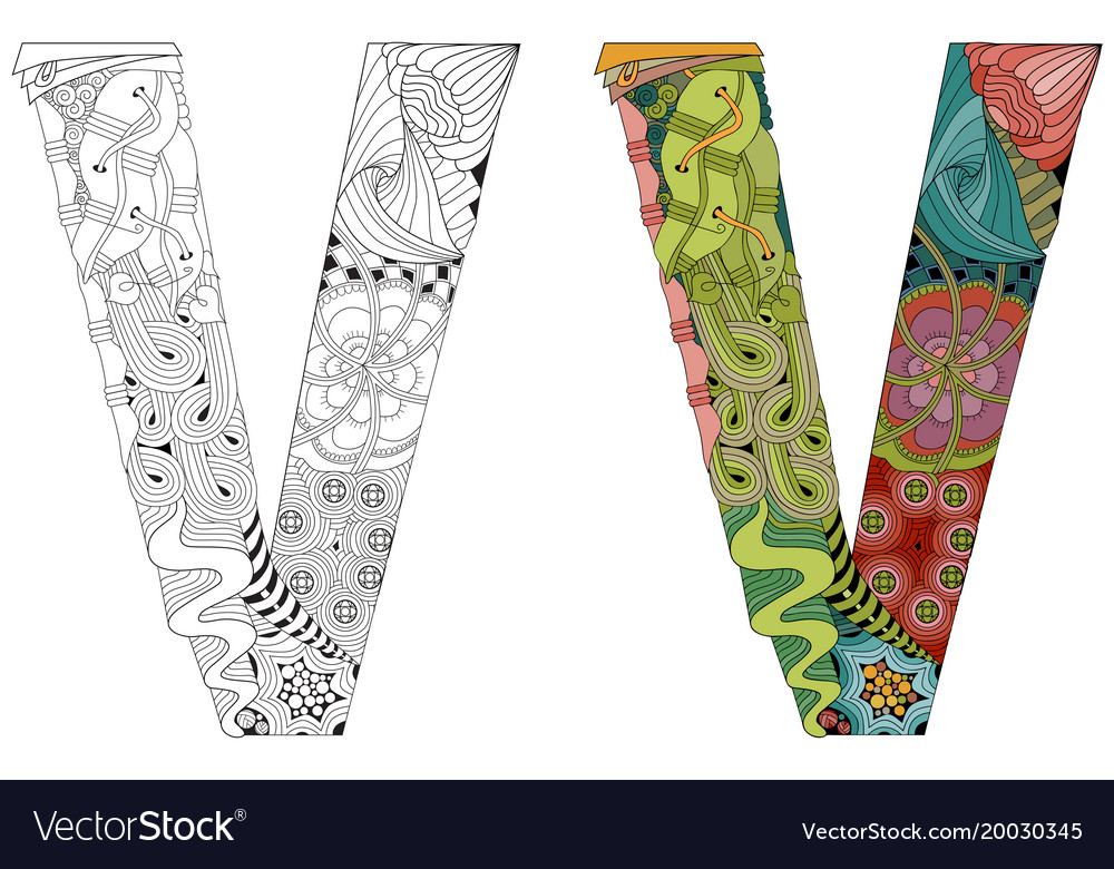 Letter V Zentangle For Coloring Decorative Vector Image