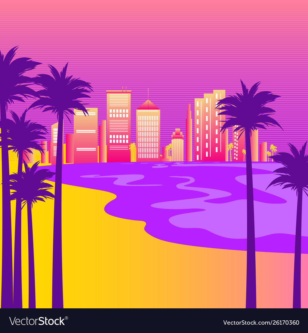 Syntwave with beach palm trees and city Royalty Free Vector