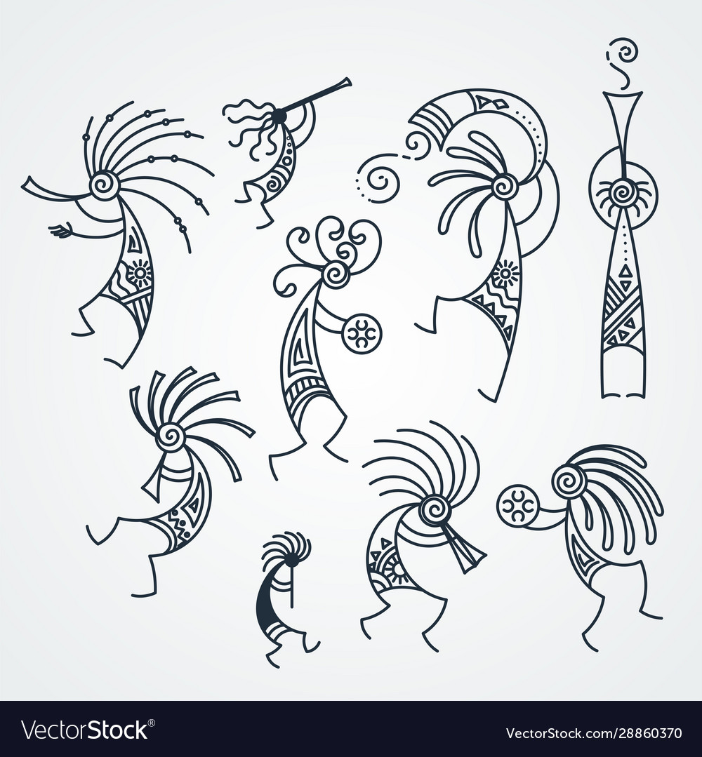 Hand drawn kokopelli figures stylized mythical Vector Image