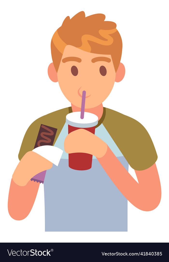 Boy eating chocolate bar and drinking coffee Vector Image