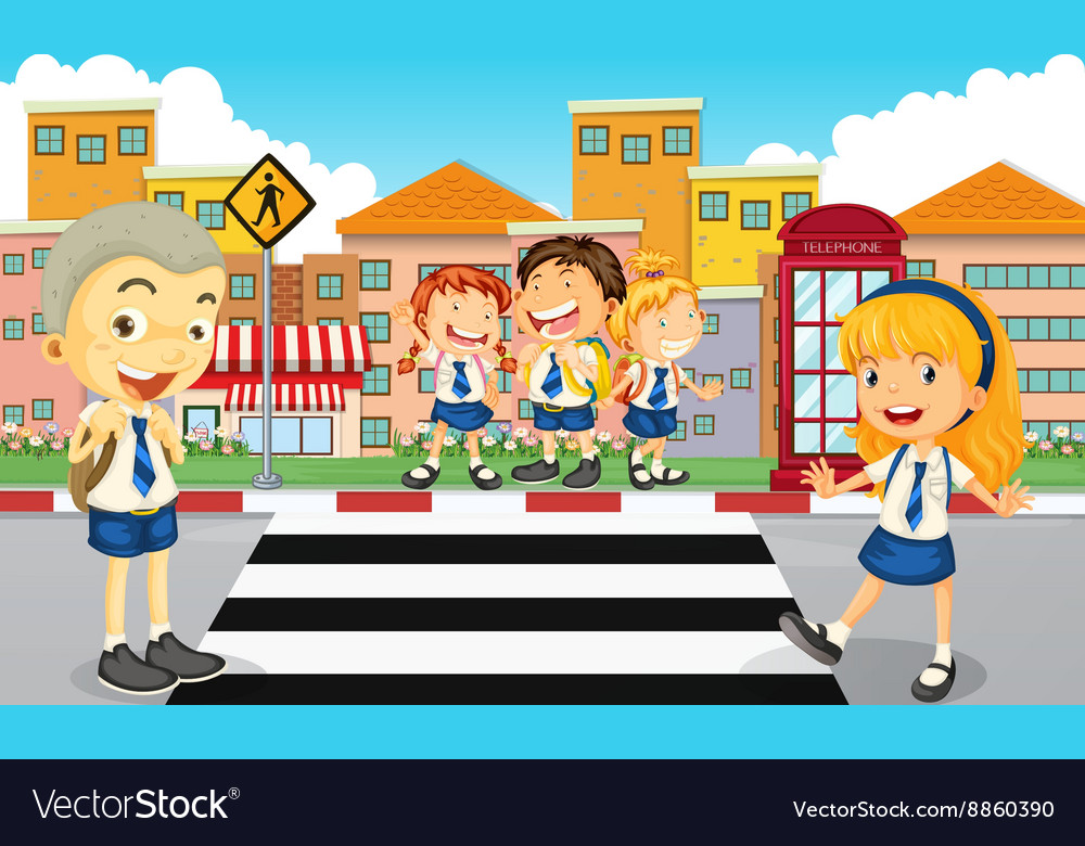 Students crossing the road Royalty Free Vector Image