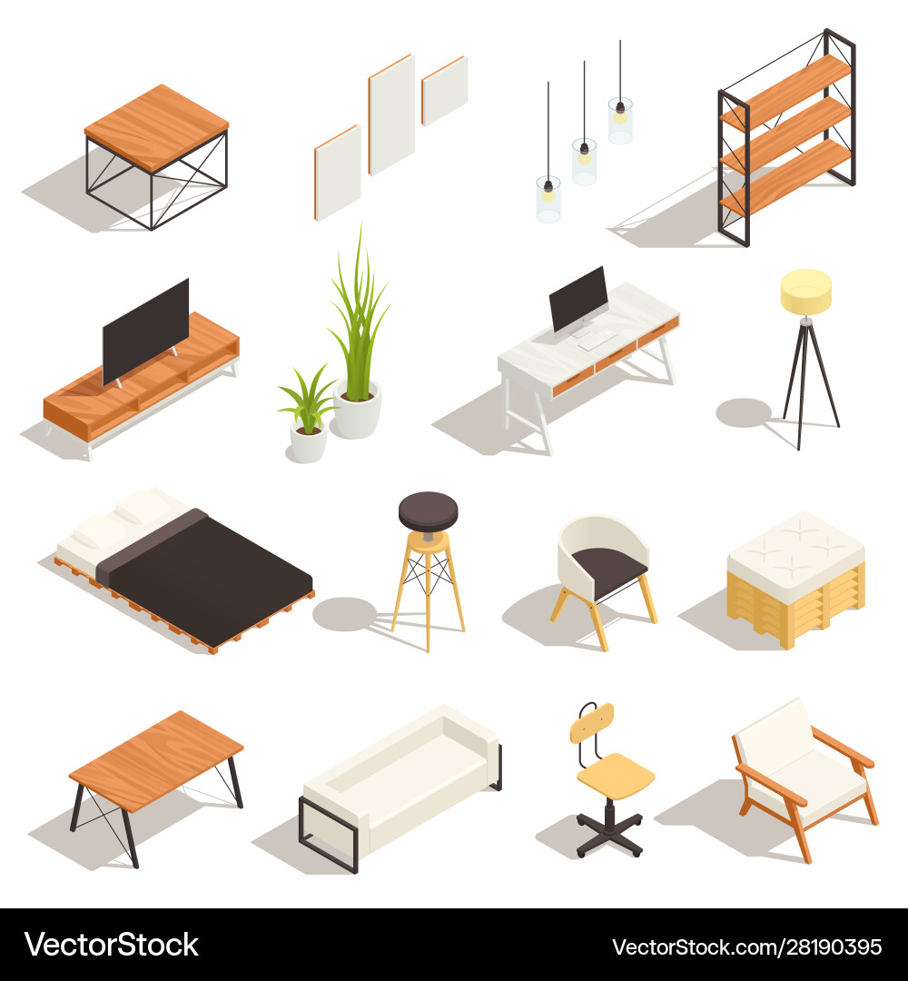 Loft interior isometric set Royalty Free Vector Image