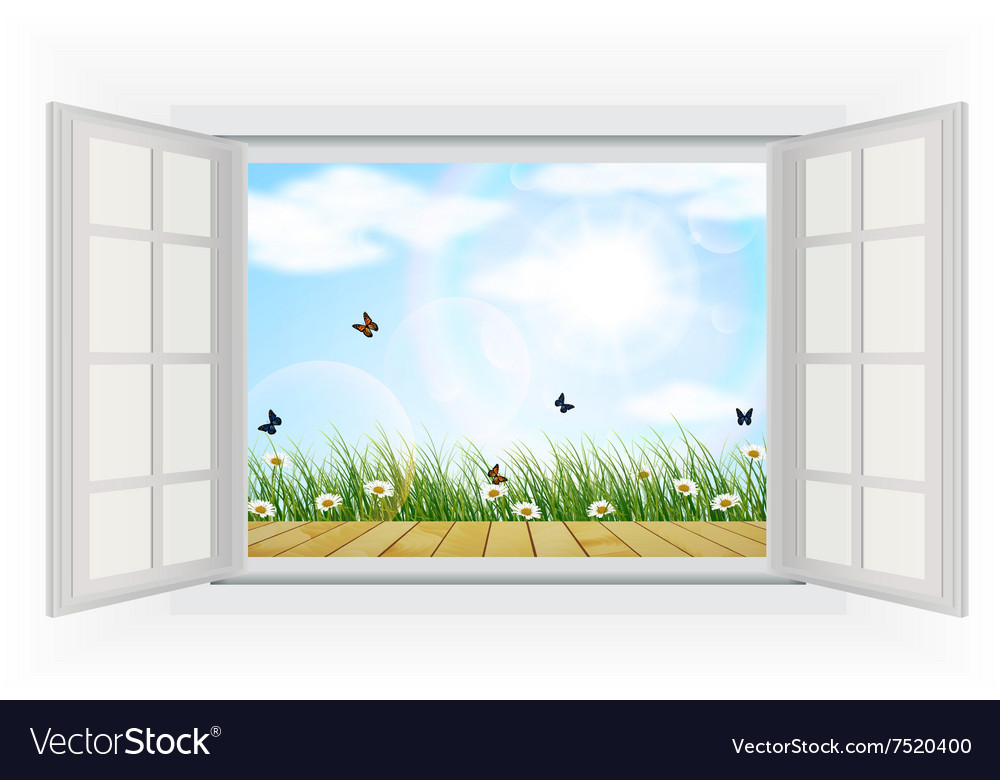 Open window with flowers and butterfly Royalty Free Vector