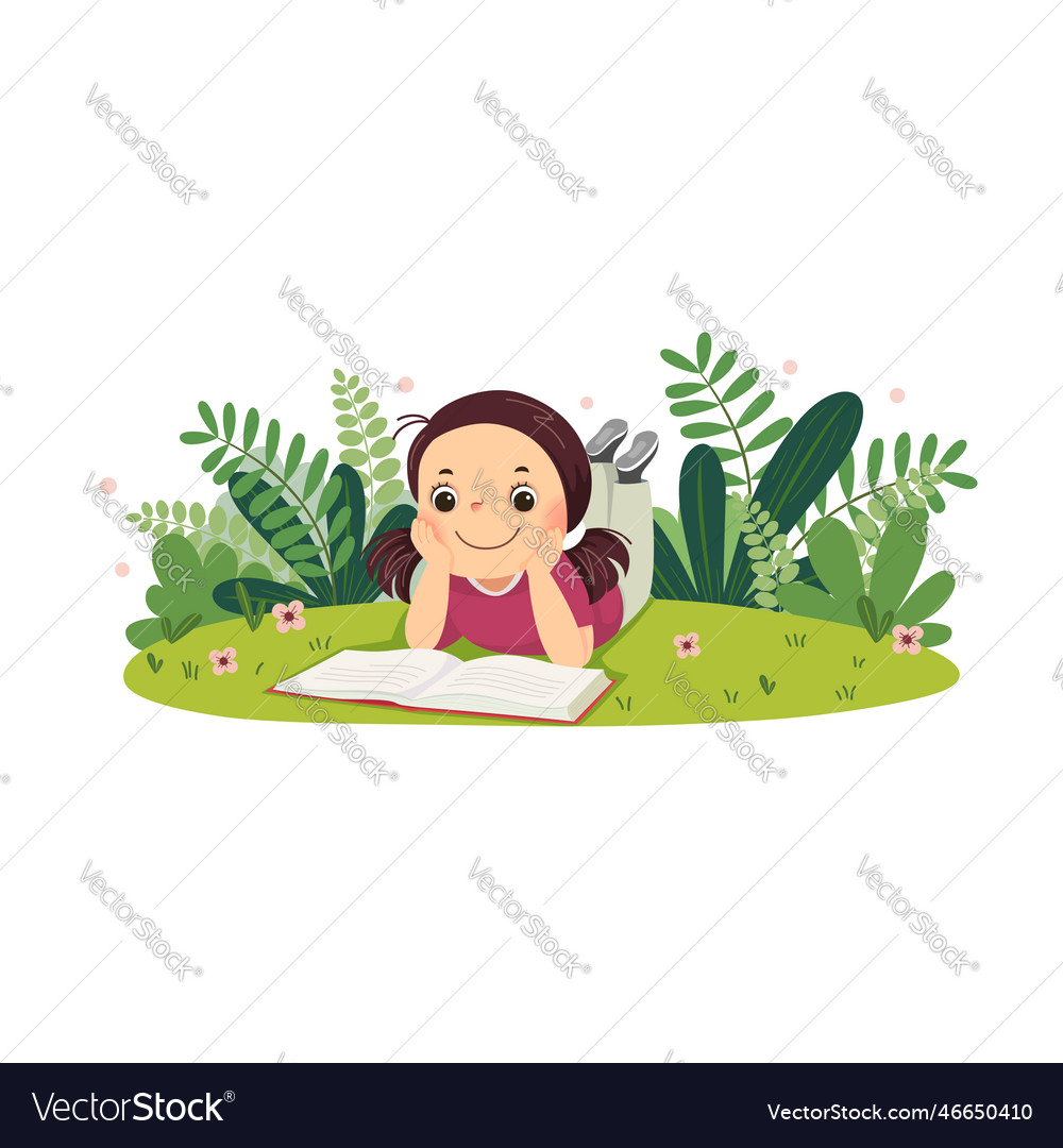 Cartoon Girl Lying On The Grass And Reading Book Vector Image 8899