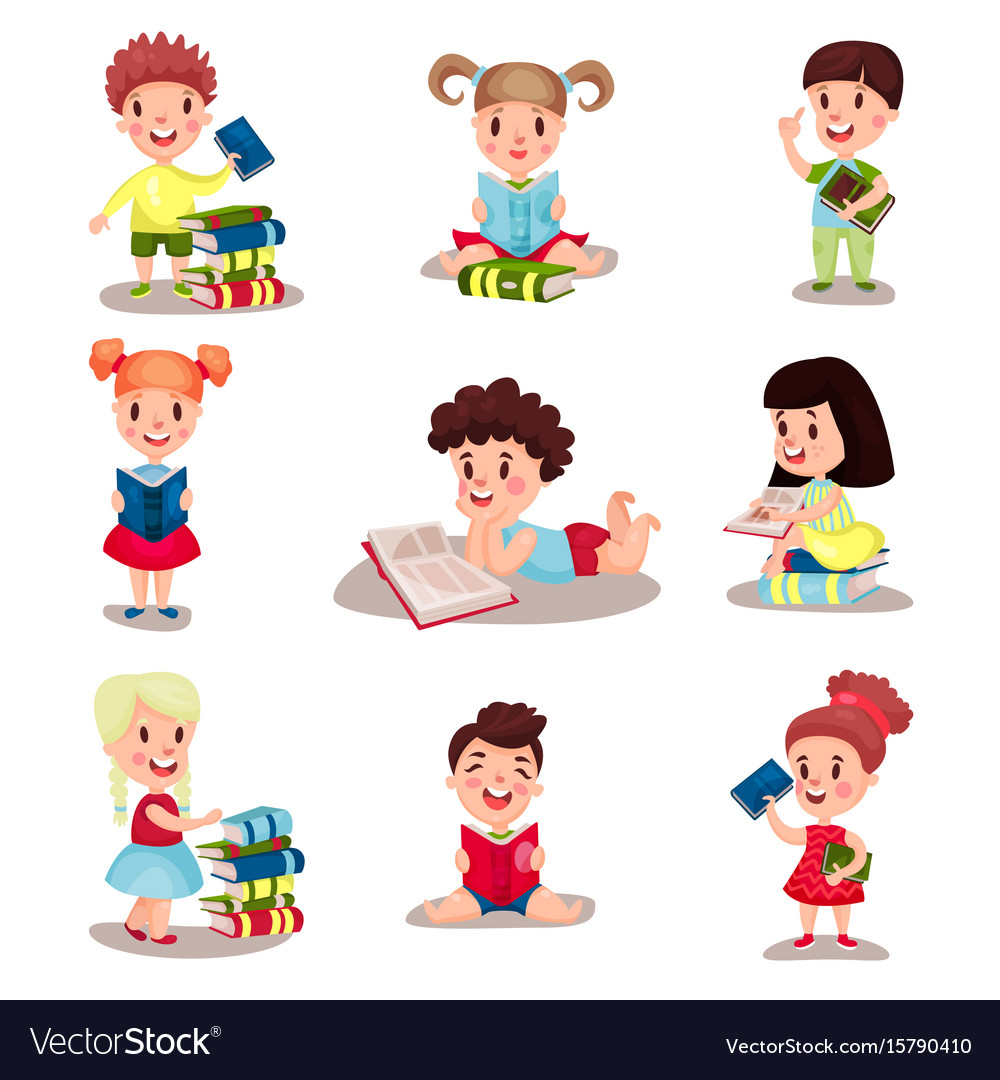 Cute smart boys and girls reading books set Vector Image