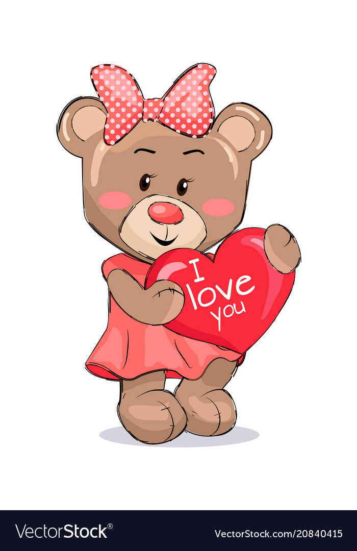 Bear Female Holding Red Heart With Text I Love You