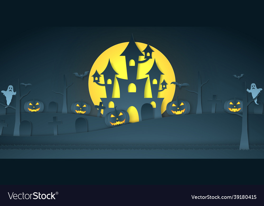 Halloween pumpkin head castle graveyard bat ghost Vector Image