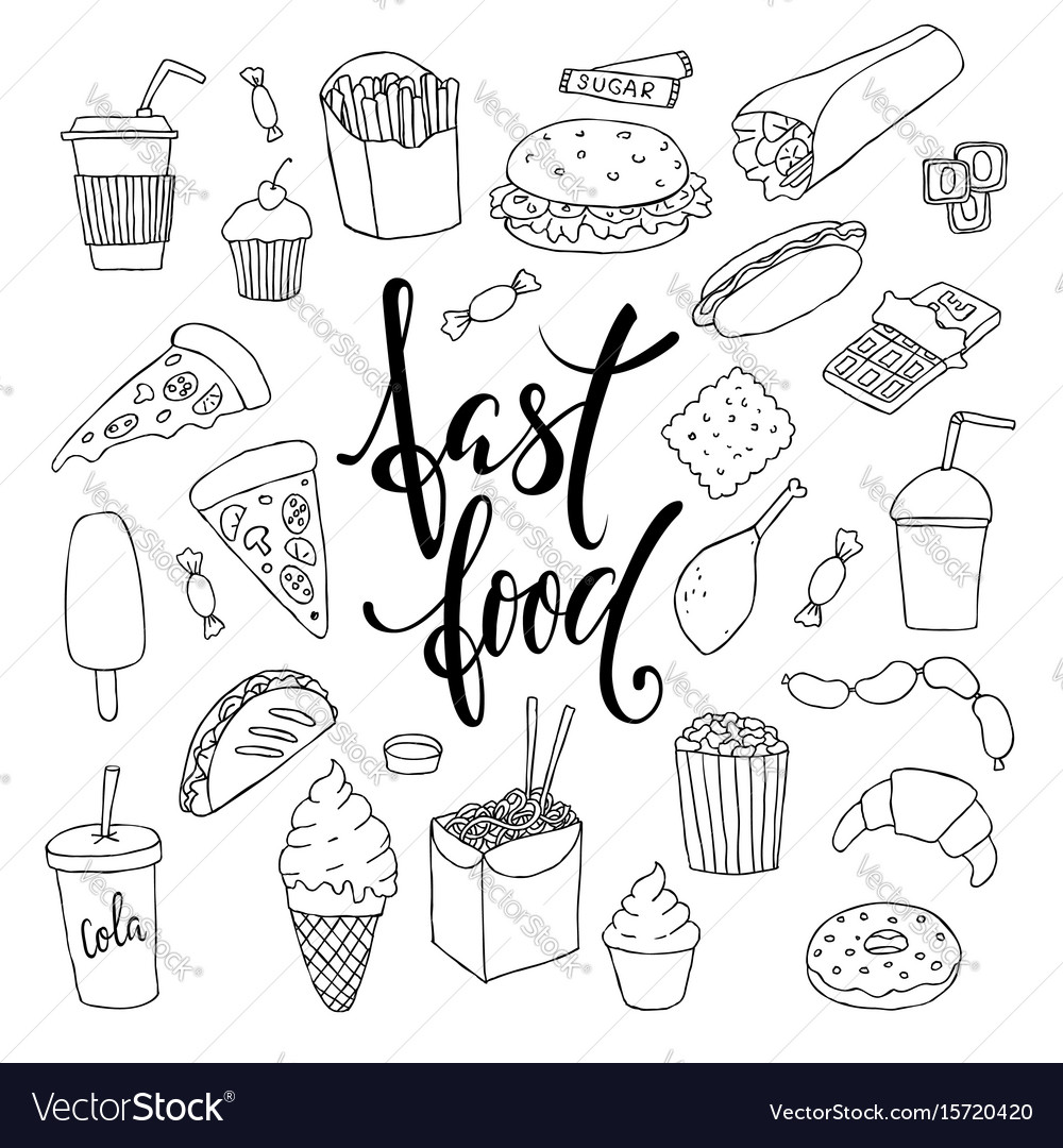 Big set hand drawn doodle fast food Royalty Free Vector