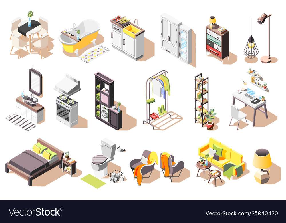 Isometric loft interior icons Royalty Free Vector Image