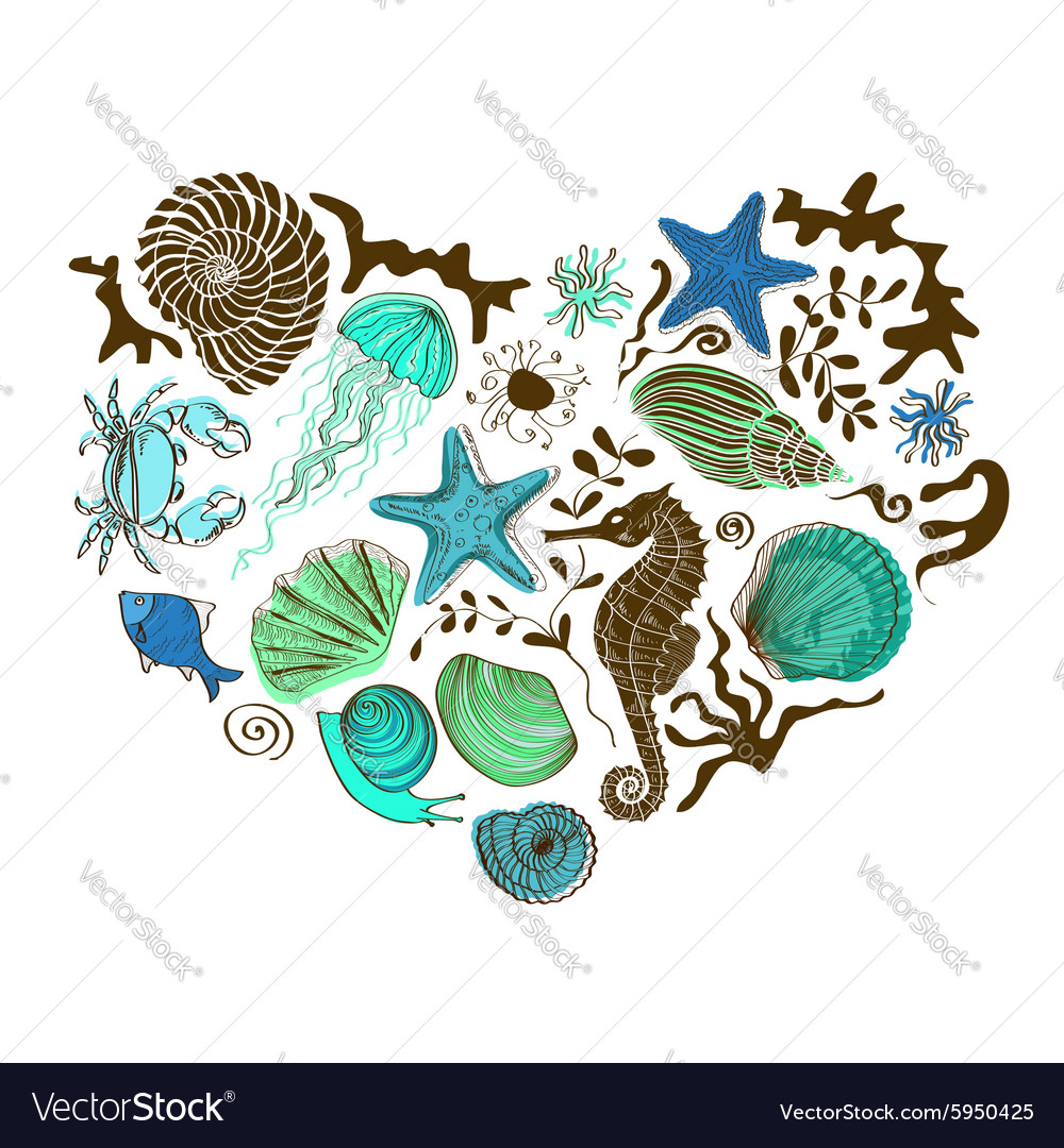 Heart of sea animals and shells Royalty Free Vector Image Heart of sea animals and shells Royalty Free Vector Image