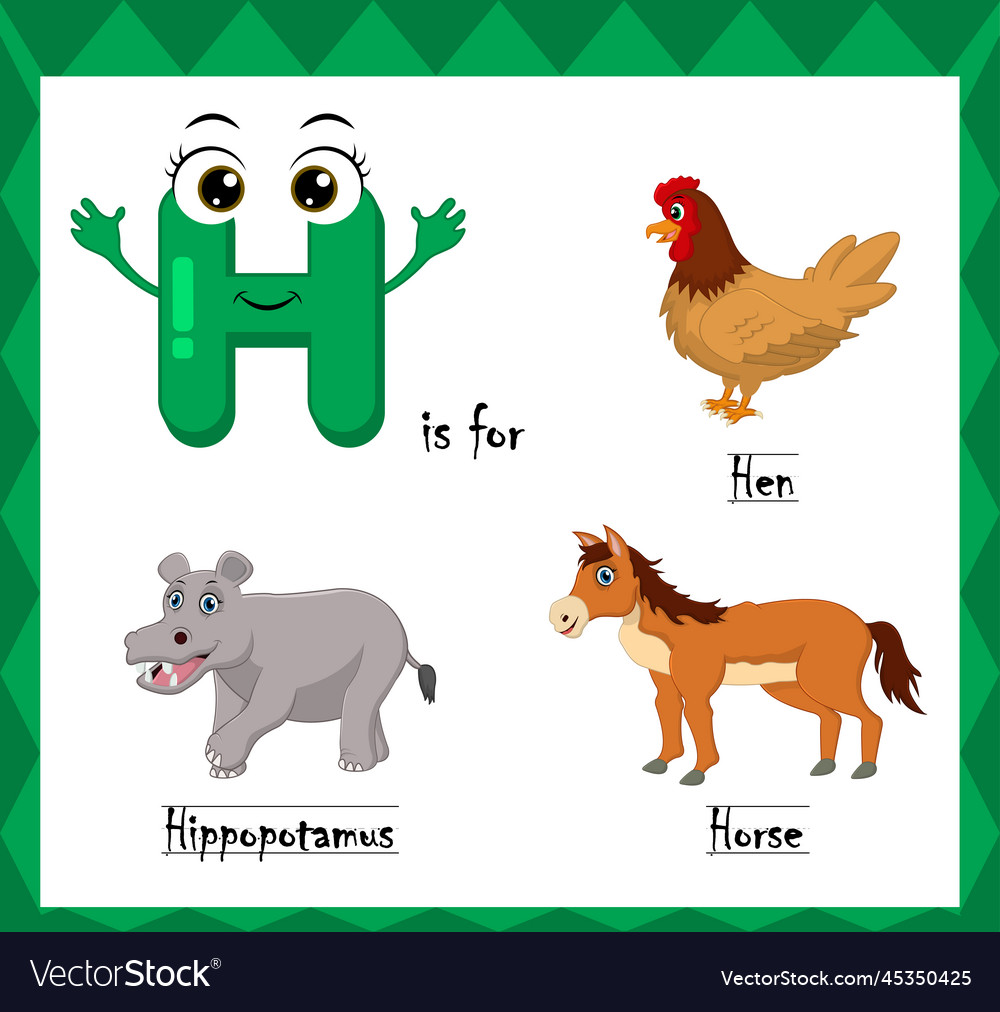 Letter h alphabet for hen hippo horse Royalty Free Vector