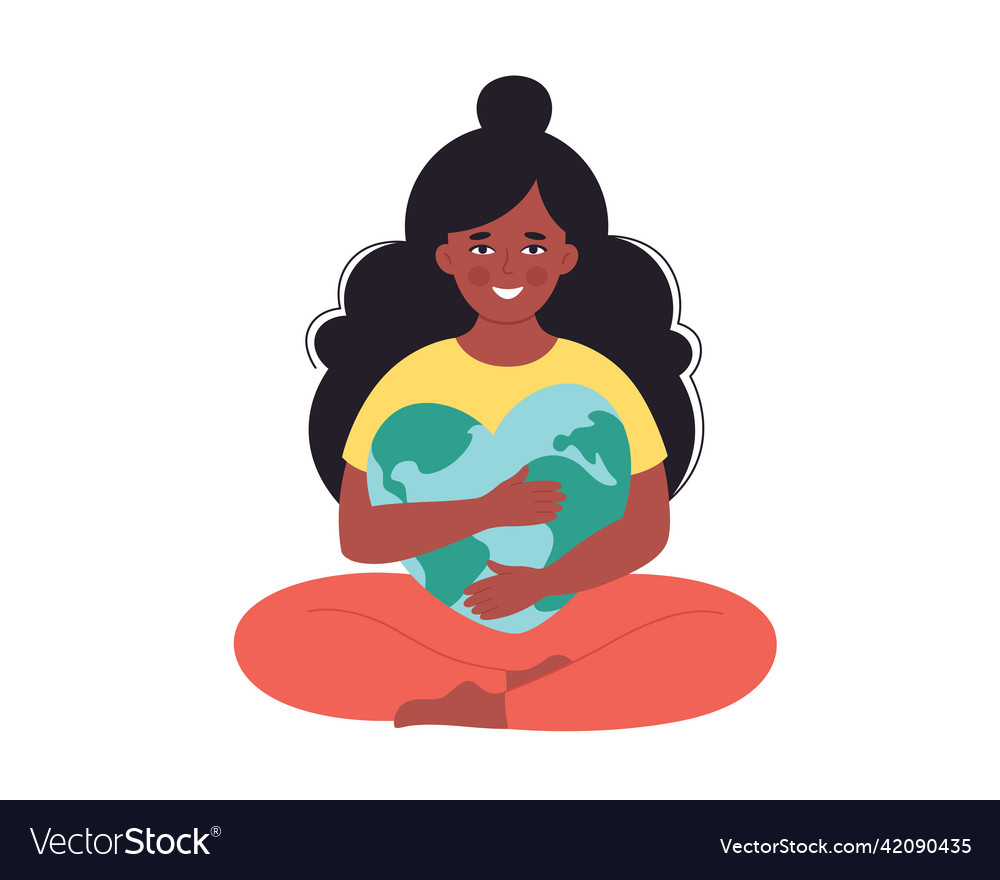 Black woman hugging earth globe day saving Vector Image