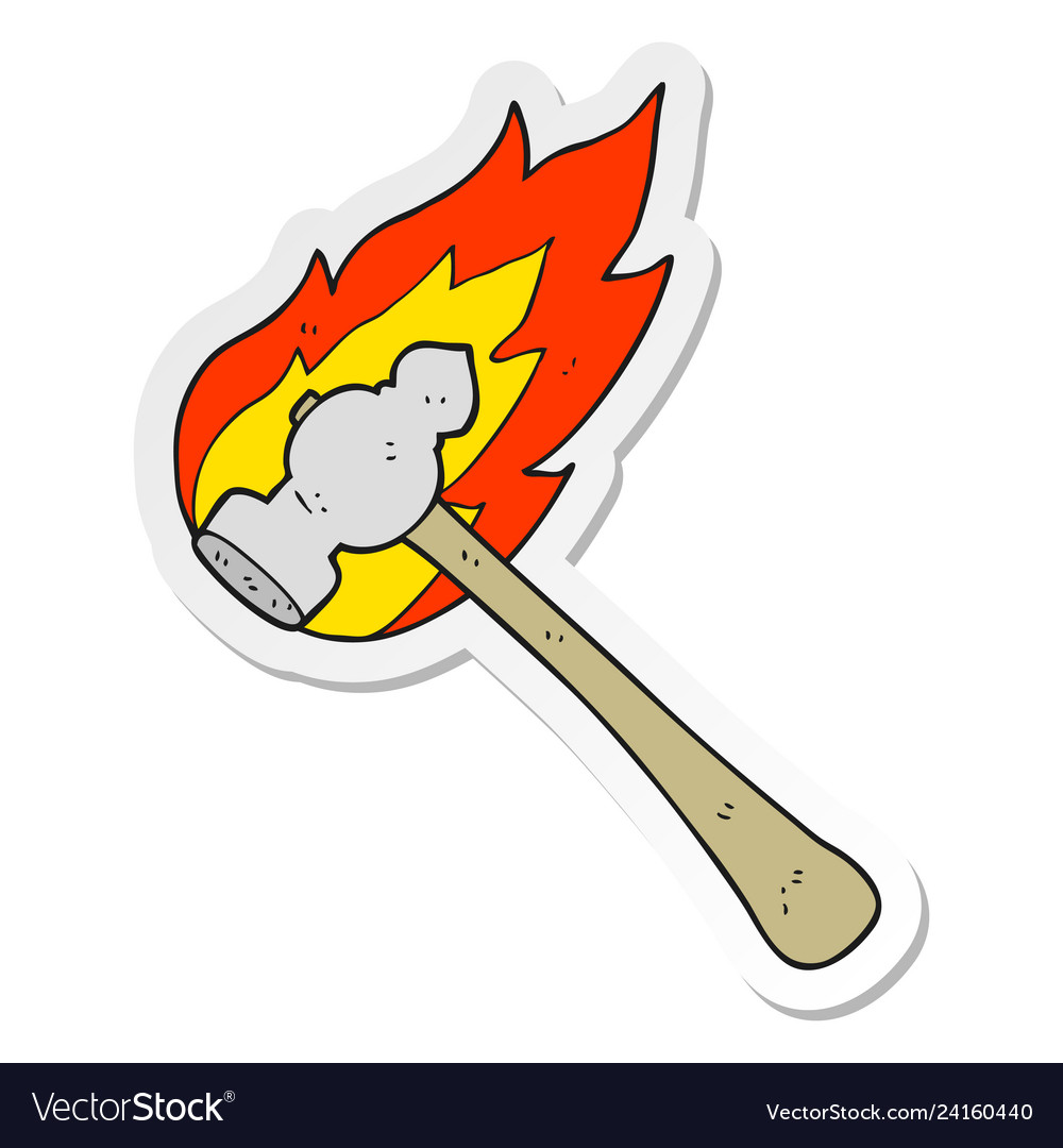 Sticker of a cartoon flaming hammer Royalty Free Vector