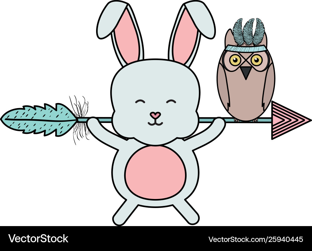Owl bird and rabbit with feathers hat and arrow Vector Image