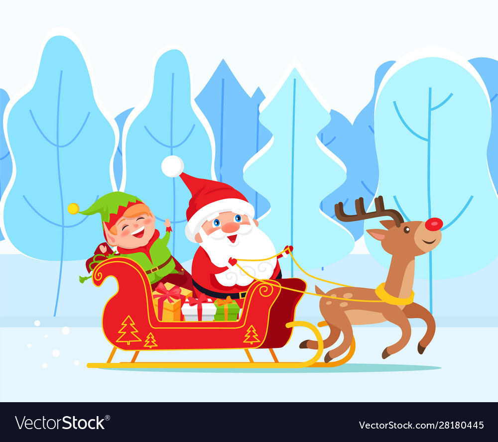 Santa claus and elf riding sleigh christmas time Vector Image