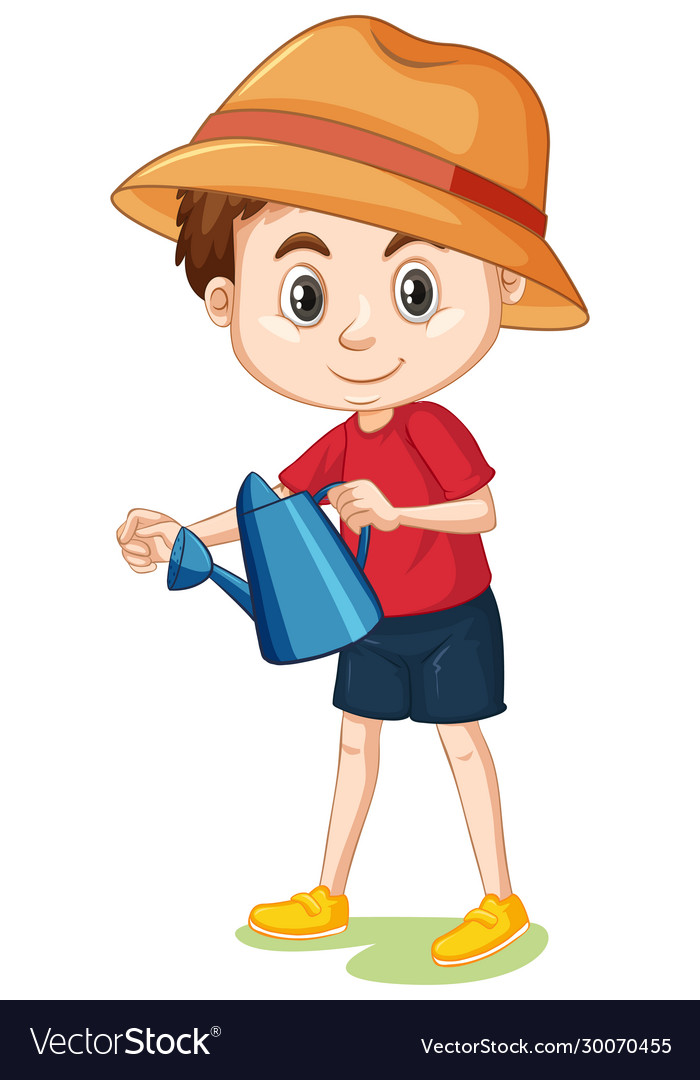 Boy with big smile watering plants Royalty Free Vector Image