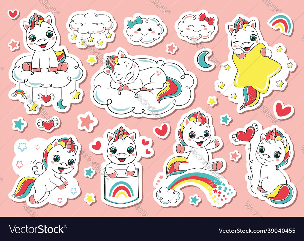 Set happy baby unicorn stickers pack cartoon Vector Image Set happy baby unicorn stickers pack cartoon Vector Image