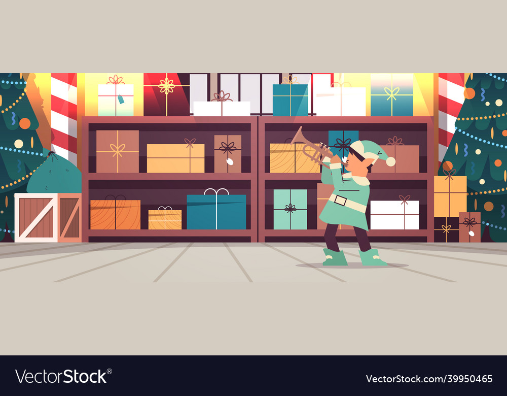 Elf In Uniform With Musical Instrument Boy Santa Vector Image