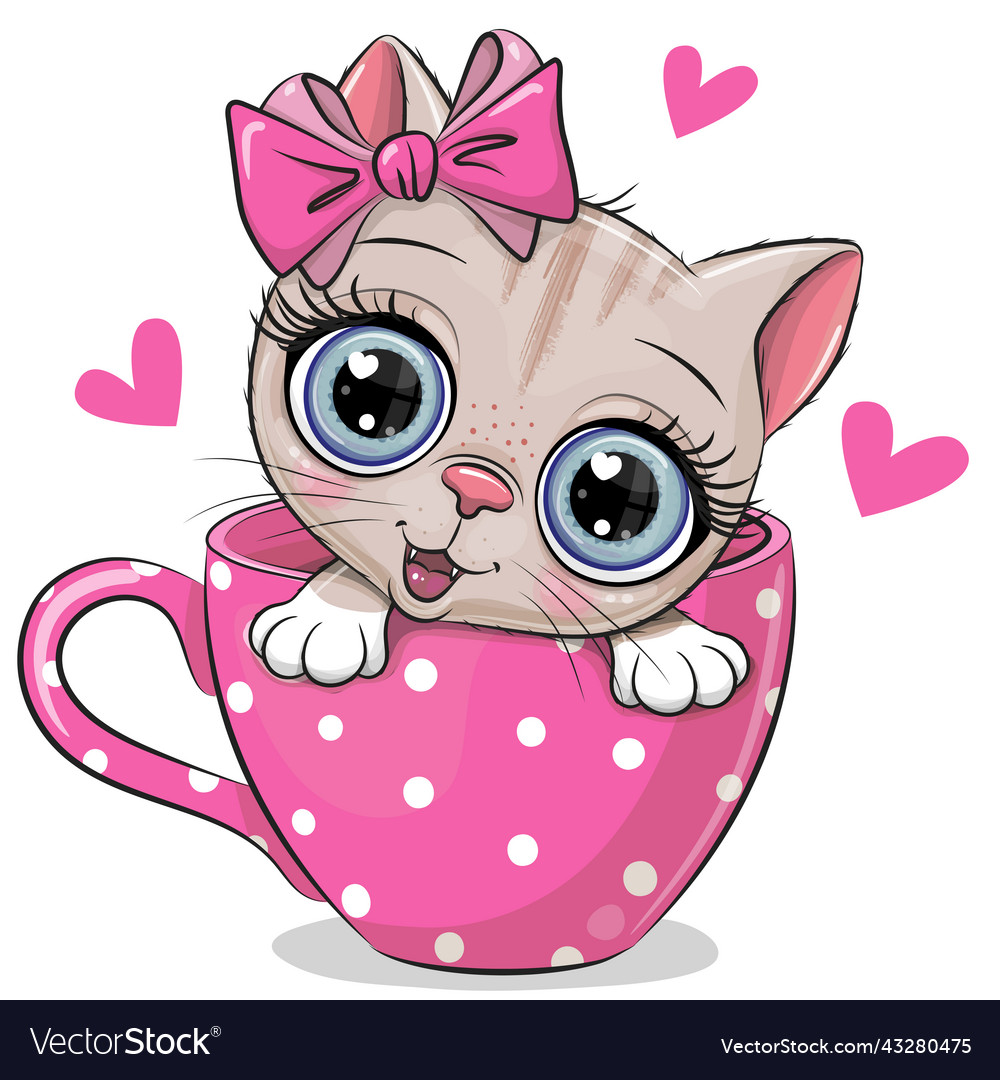 Kitten with a bow is sitting in a cup of coffee Vector Image