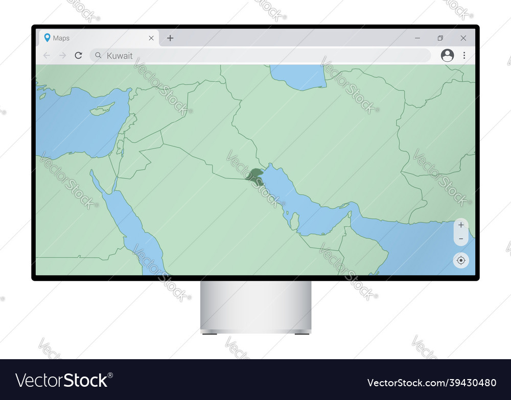 Computer monitor with map of kuwait in browser Vector Image