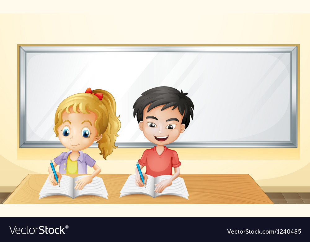 A boy and girl in front of an empty whiteboard Vector Image