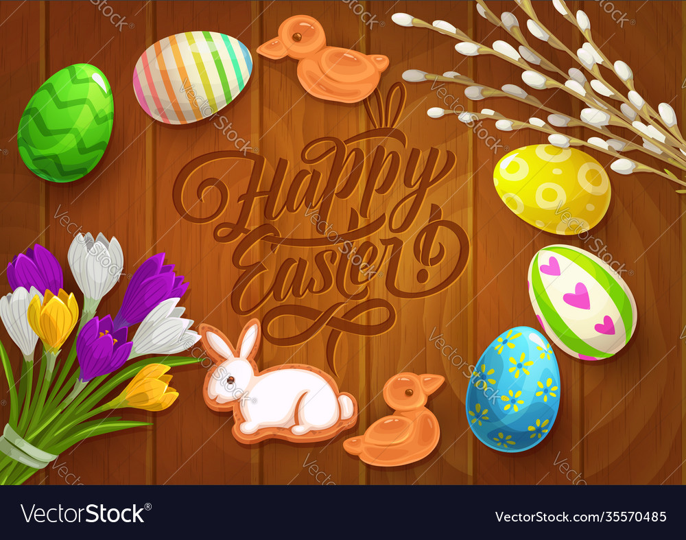 Easter poster with painted eggs flowers vector image Easter poster with painted eggs flowers