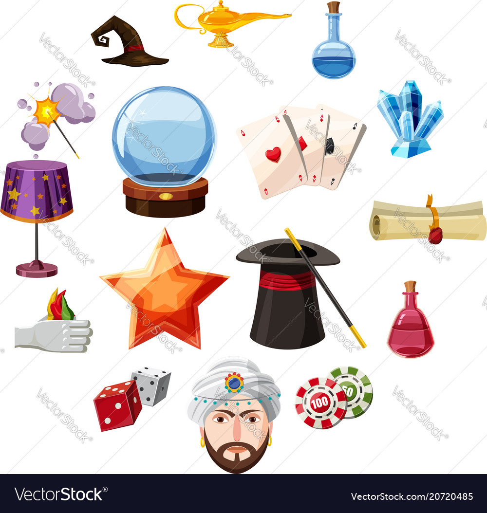 Magician icons set items cartoon style Royalty Free Vector